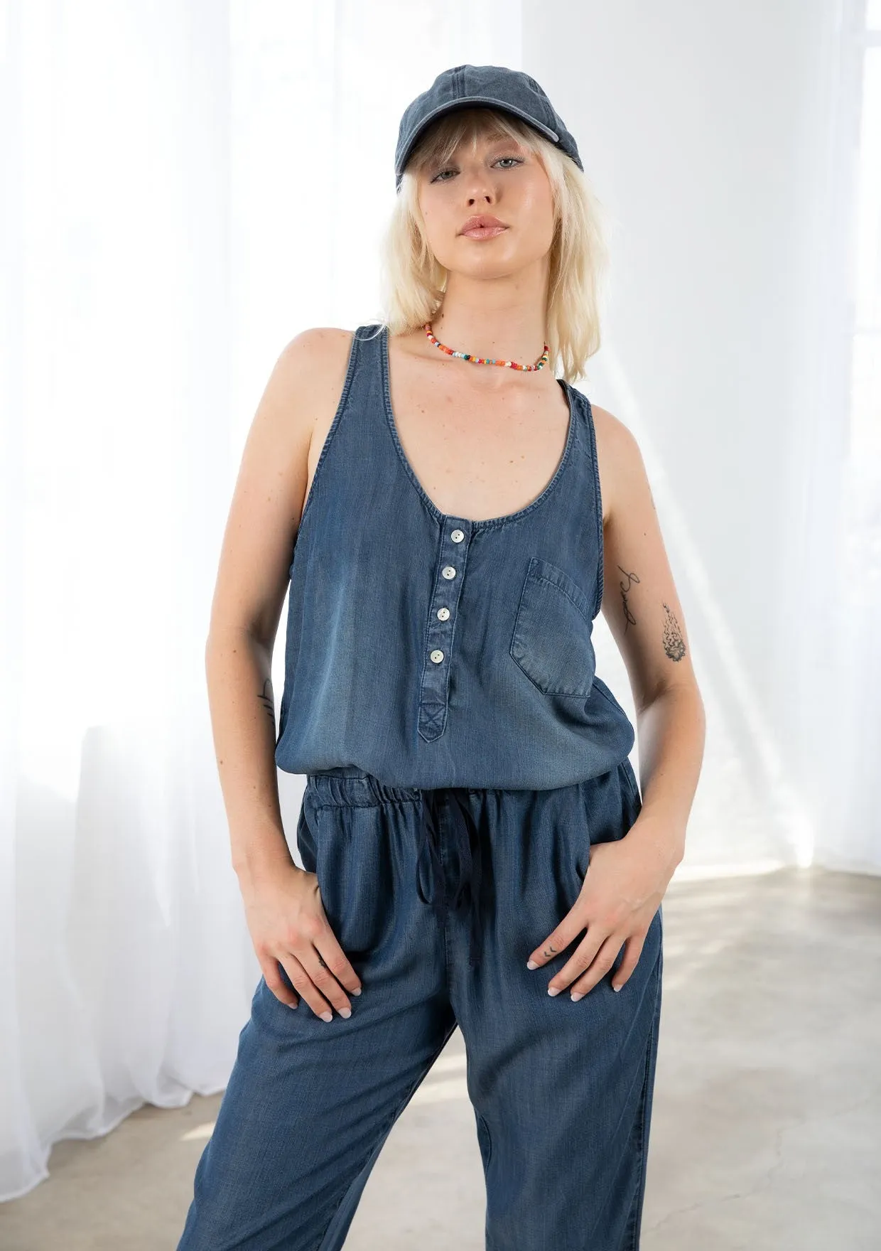 BUTTON FRONT TENCEL JUMPSUIT