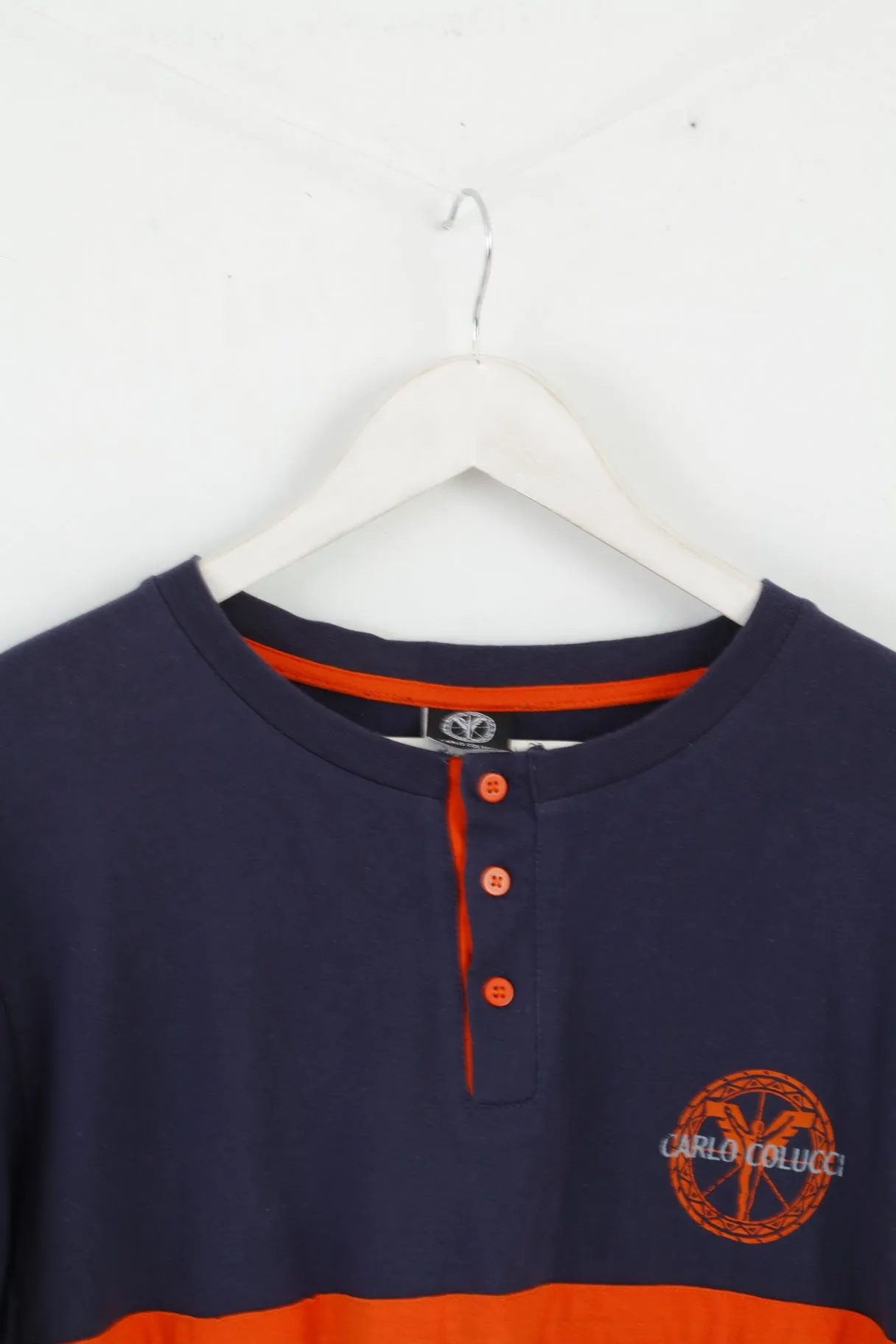 Carlo Colucci Mens L T-Shirt Navy Cotton Classic Logo Retro Top