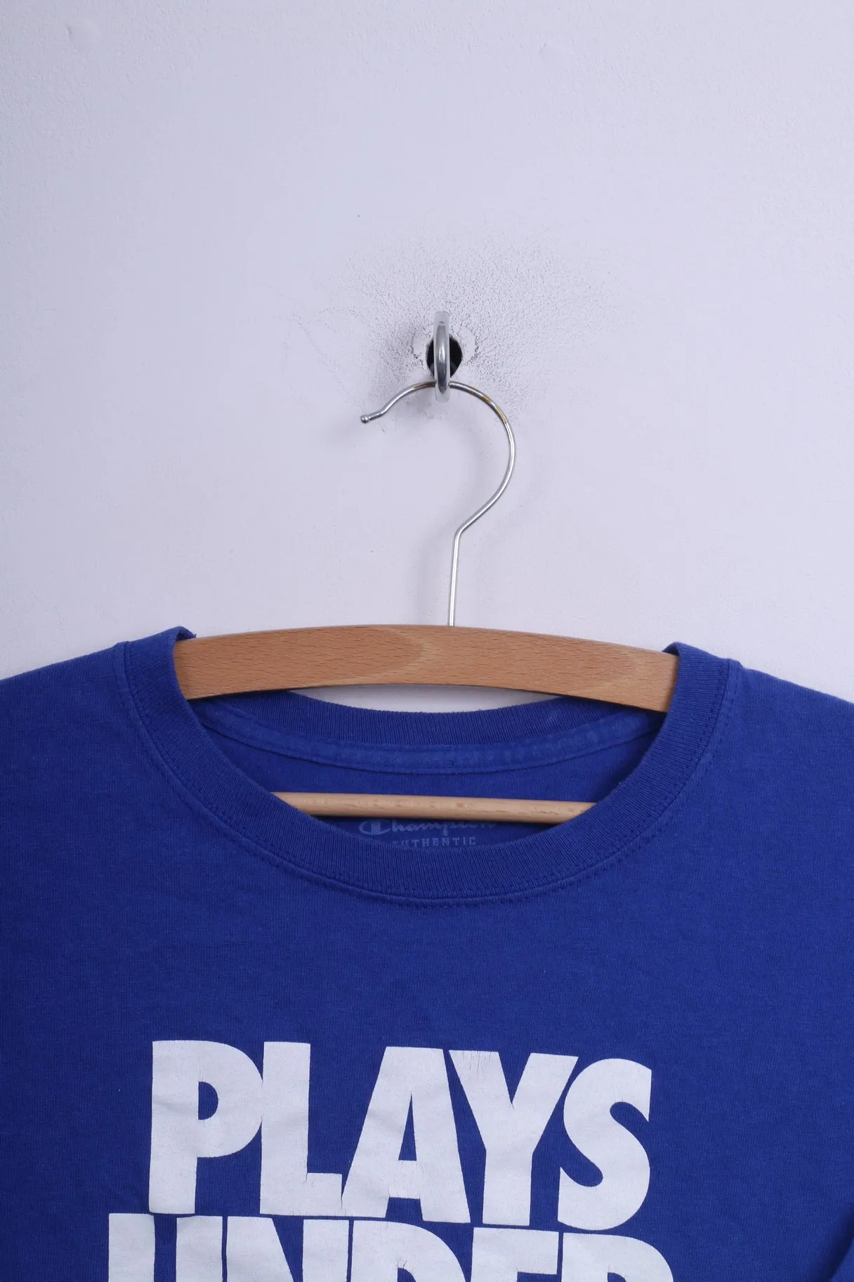 Champion Mens M T-Shirt Crew Neck Cotton Blue Plays Under Pressure
