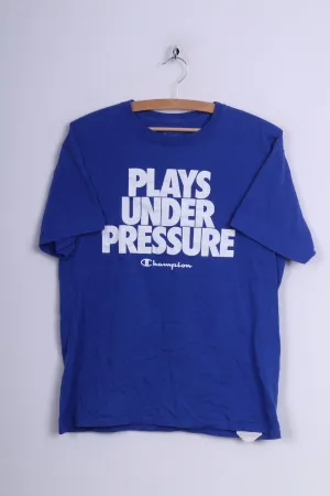 Champion Mens M T-Shirt Crew Neck Cotton Blue Plays Under Pressure