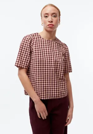 Check blouse GBGRETEL in organic cotton seersucker - Light Apricot / Burgundy (Structure) Givn Berlin