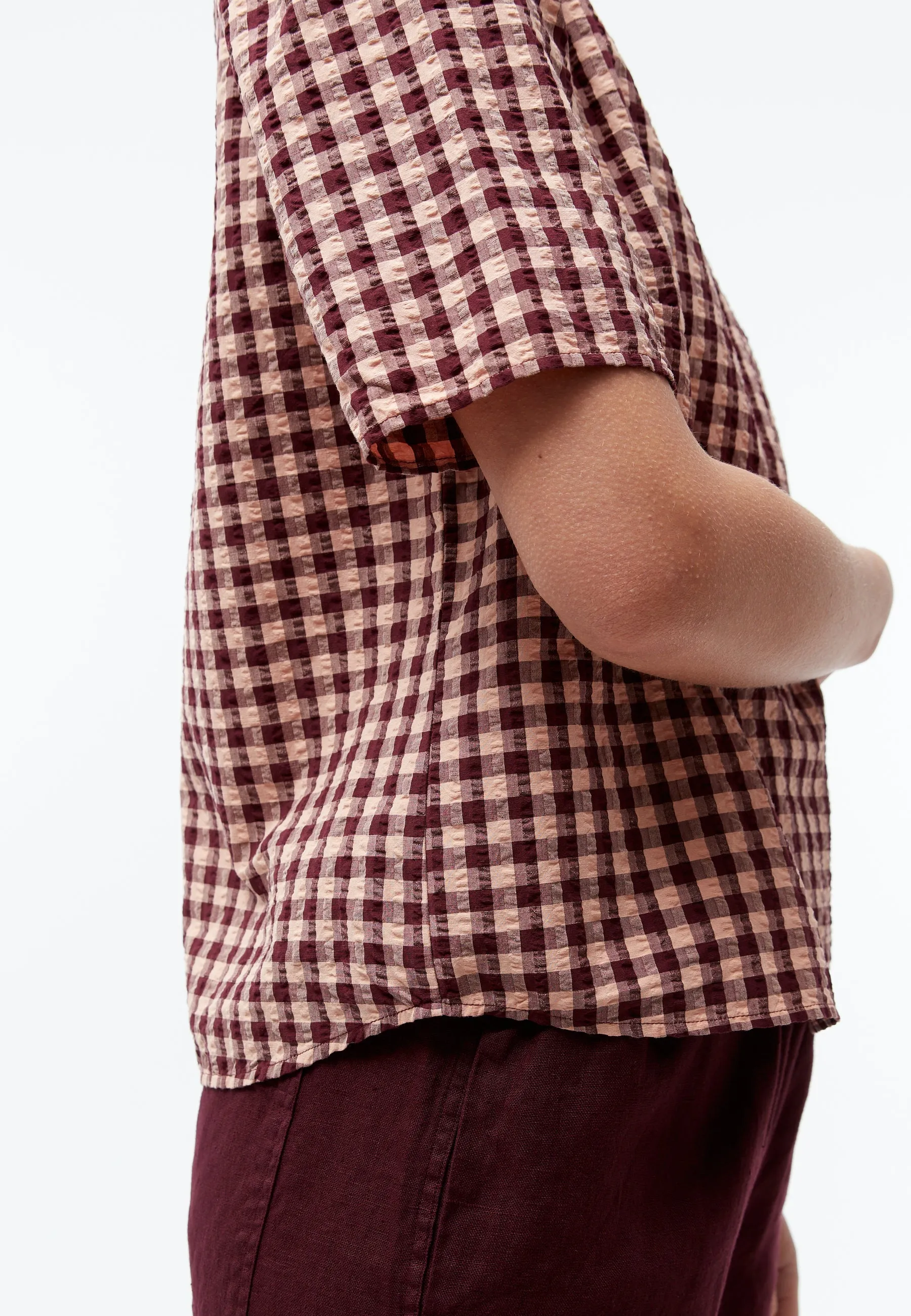 Check blouse GBGRETEL in organic cotton seersucker - Light Apricot / Burgundy (Structure) Givn Berlin