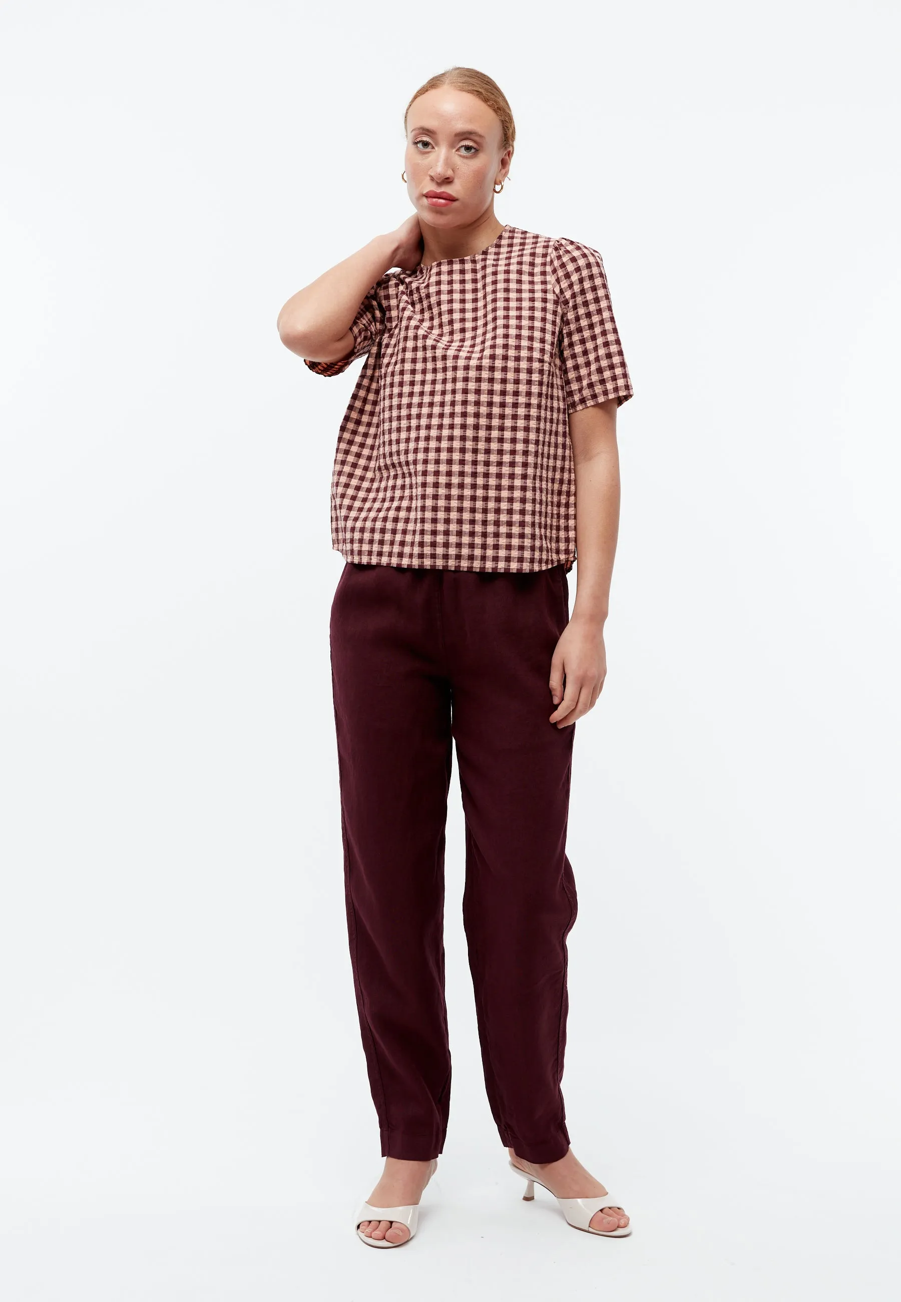 Check blouse GBGRETEL in organic cotton seersucker - Light Apricot / Burgundy (Structure) Givn Berlin