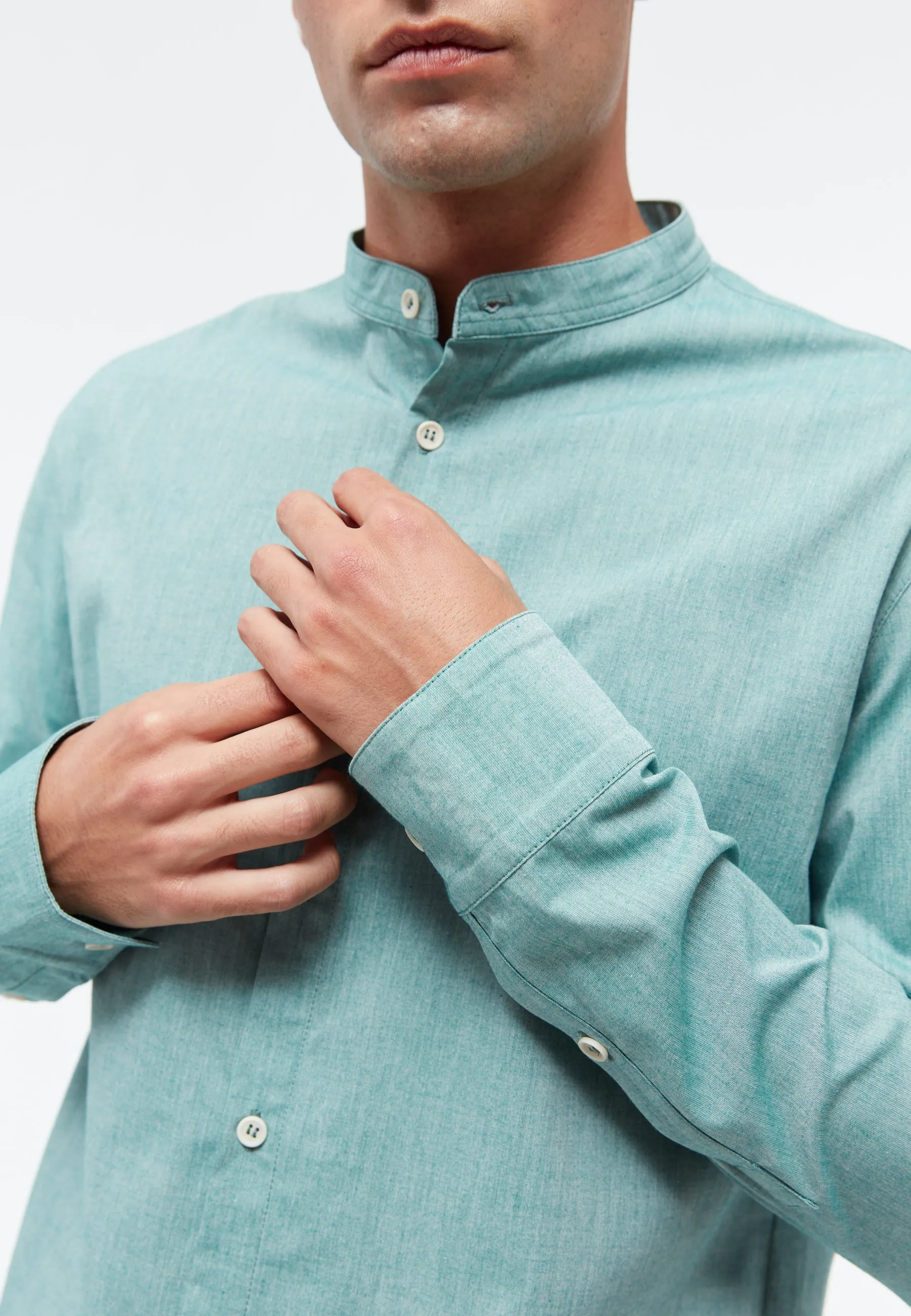 Cotton shirt GBWES with stand-up collar - Malachite Green (Melange) Givn Berlin