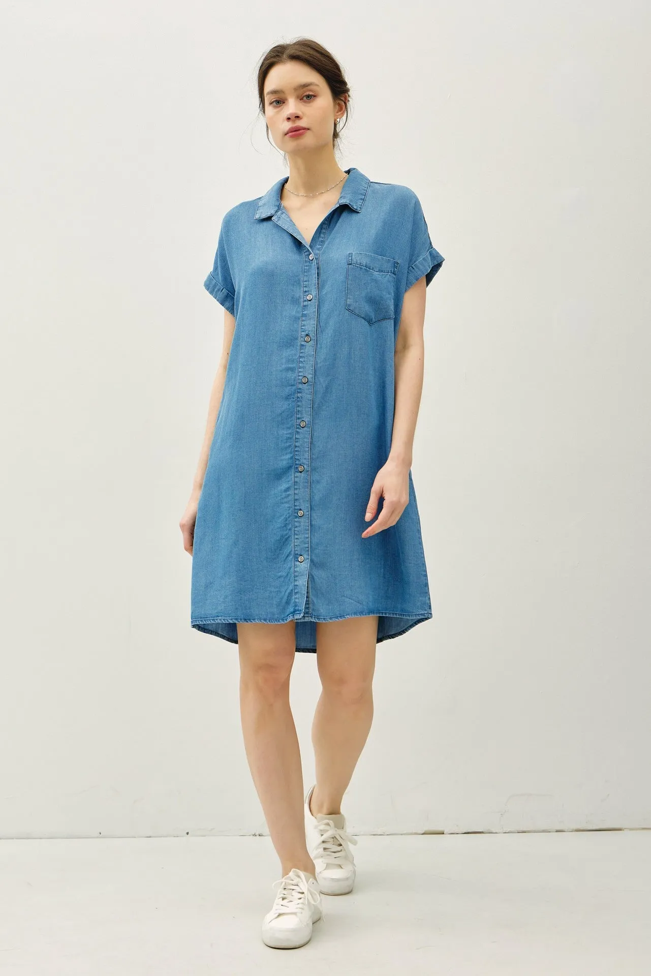 CUFFED SHORT SLEEVE TENCEL SHIRT DRESS
