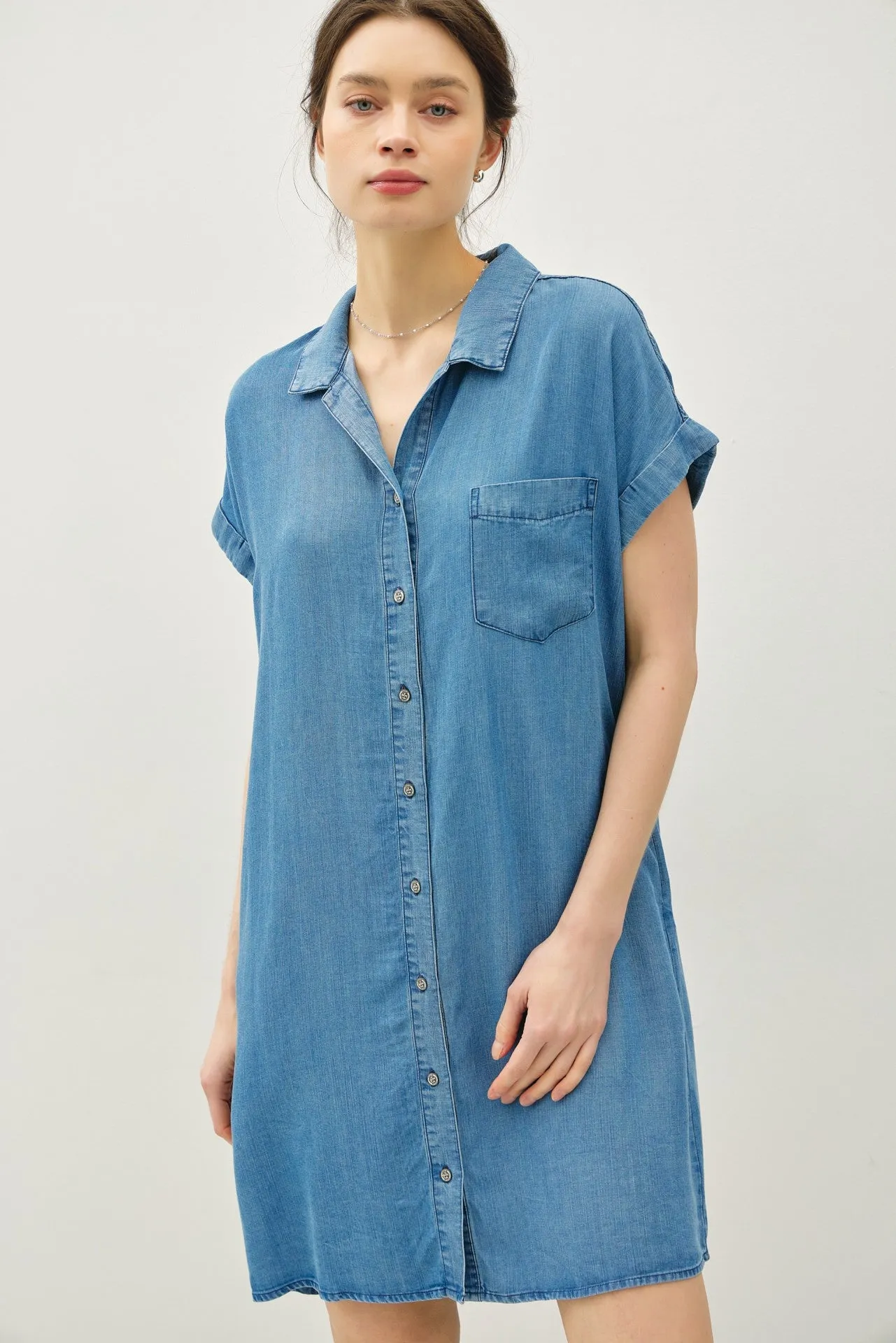 CUFFED SHORT SLEEVE TENCEL SHIRT DRESS
