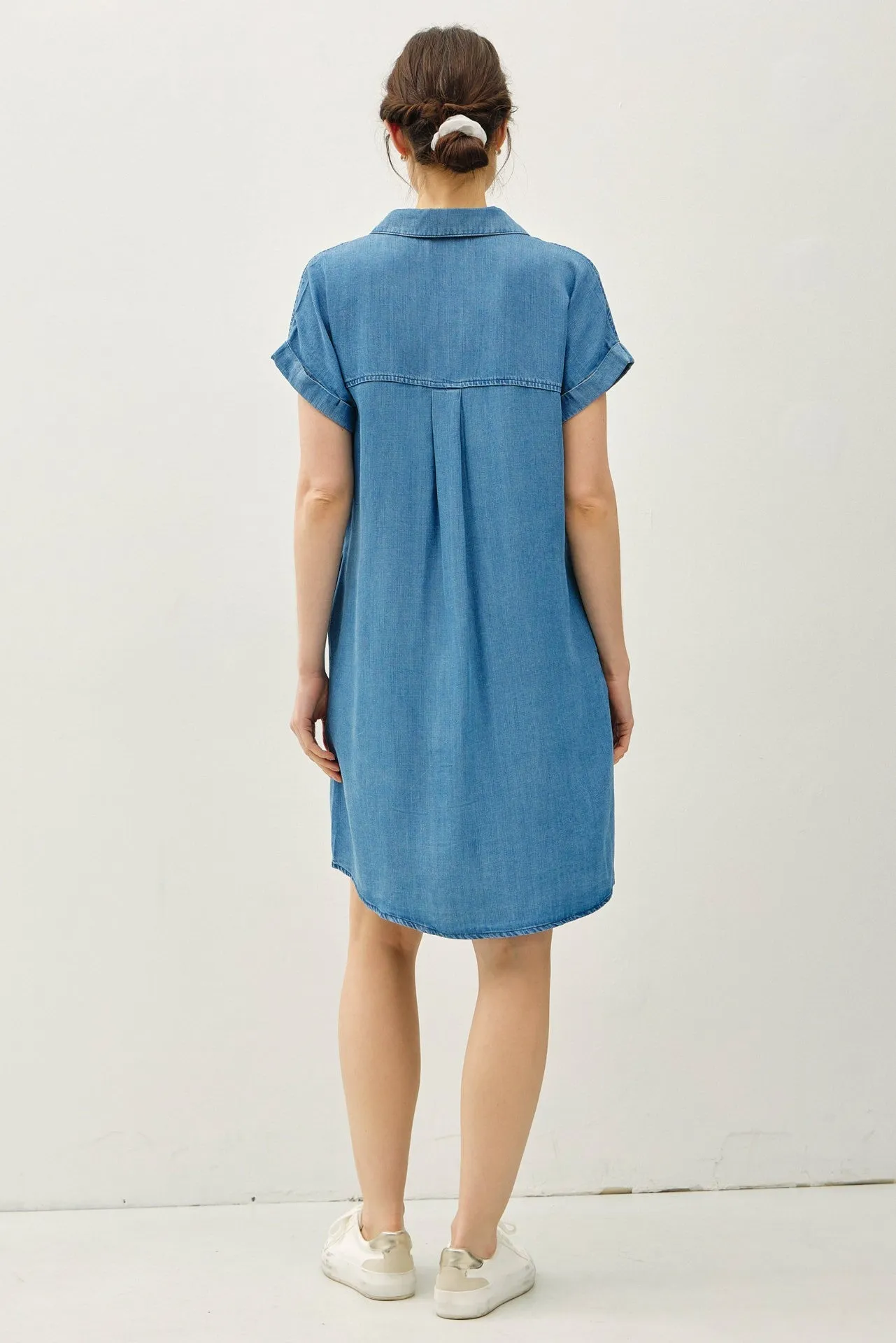 CUFFED SHORT SLEEVE TENCEL SHIRT DRESS