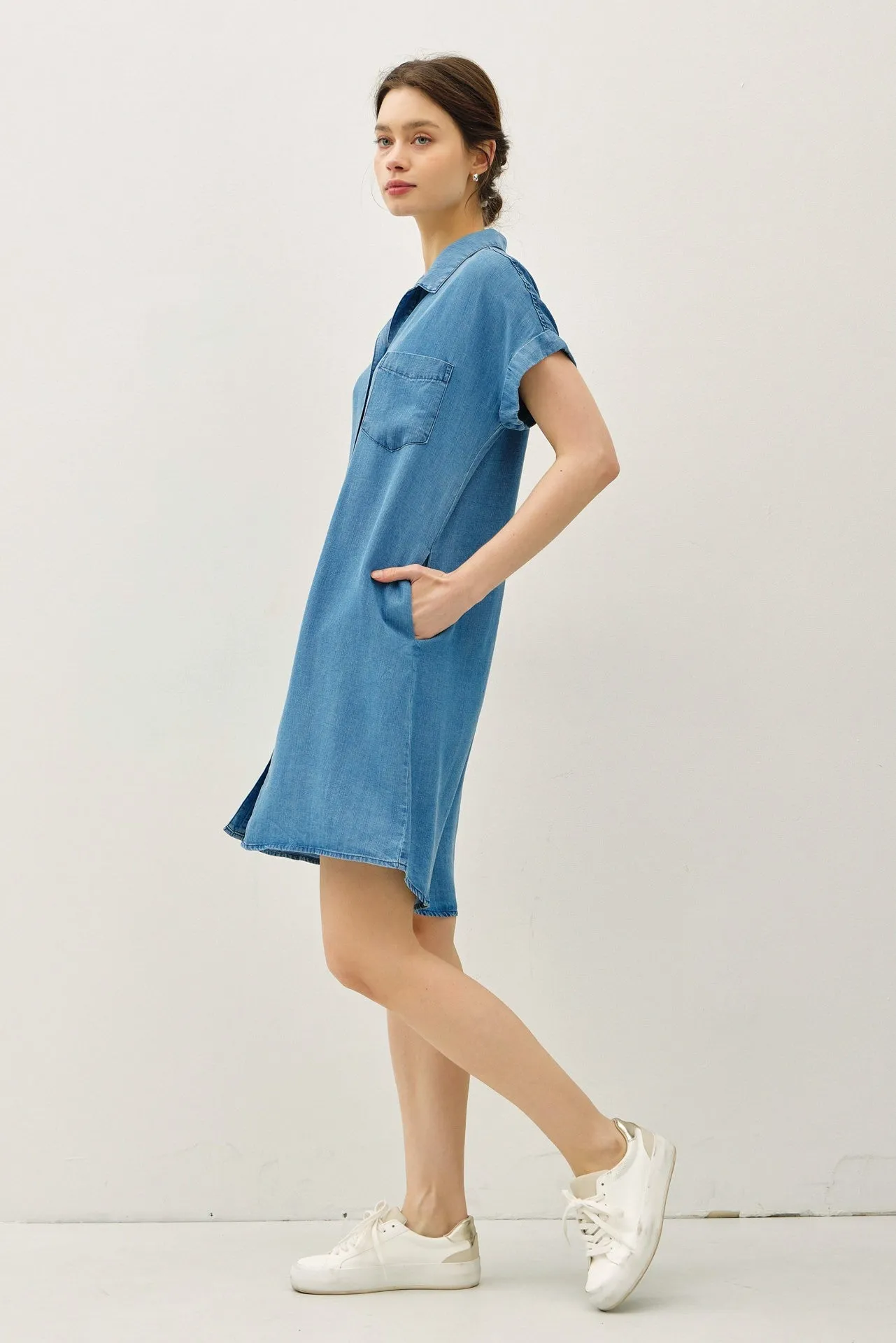 CUFFED SHORT SLEEVE TENCEL SHIRT DRESS