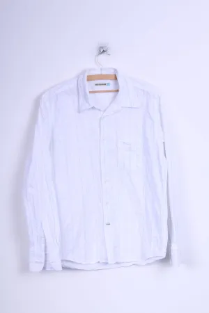 Duck And Cover Mens XL (M) Casual Shirt White Blue Striped Cotton Long Sleeve