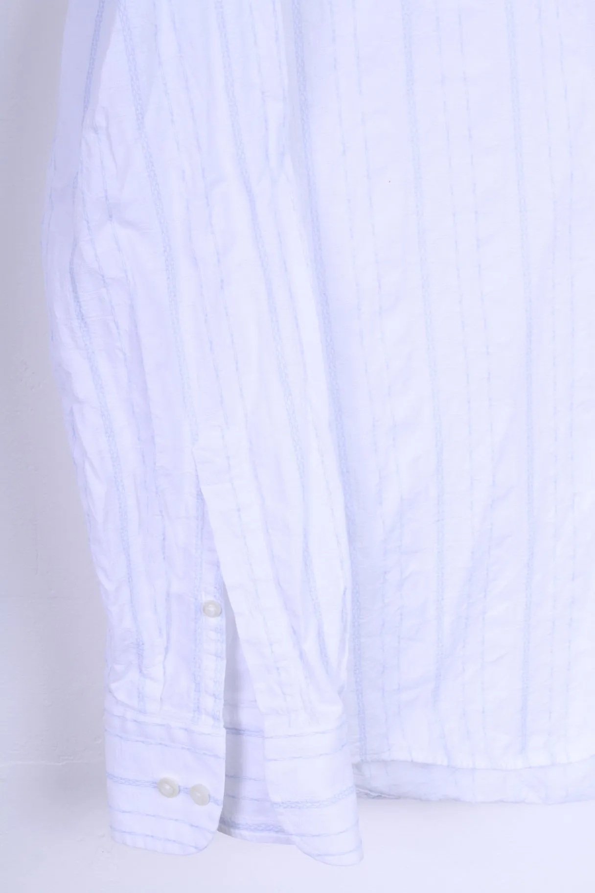 Duck And Cover Mens XL (M) Casual Shirt White Blue Striped Cotton Long Sleeve