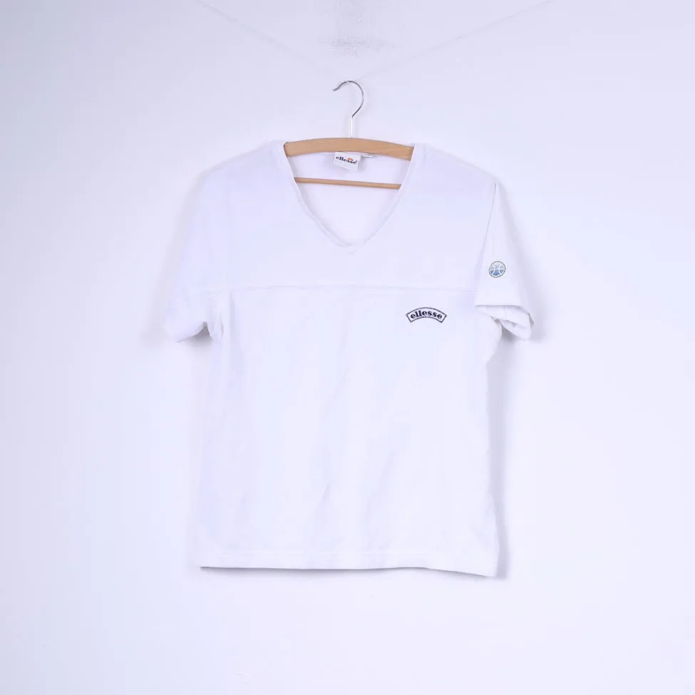 Ellesse Womens 14 L T-Shirt V Neck White Cotton Sportswear Tennis Top