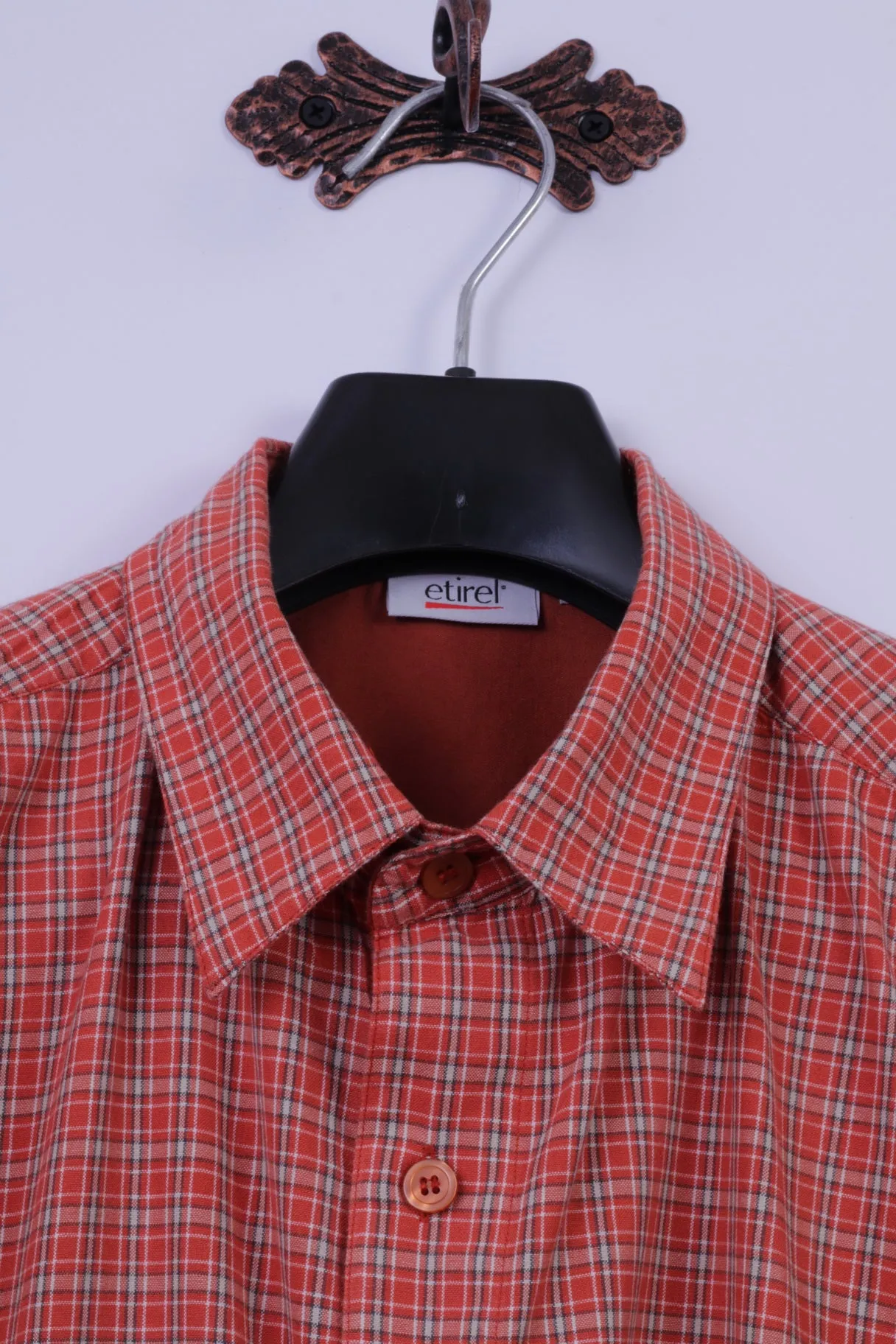 Etirel Mens L Casual Shirt Orange Check Cotton Two Pockets Outdoor Short Sleeve