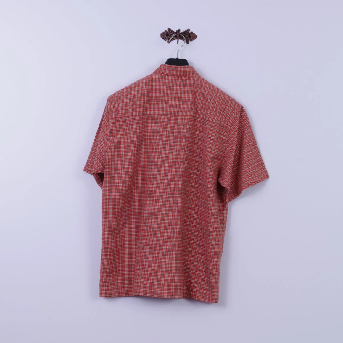 Etirel Mens L Casual Shirt Orange Check Cotton Two Pockets Outdoor Short Sleeve