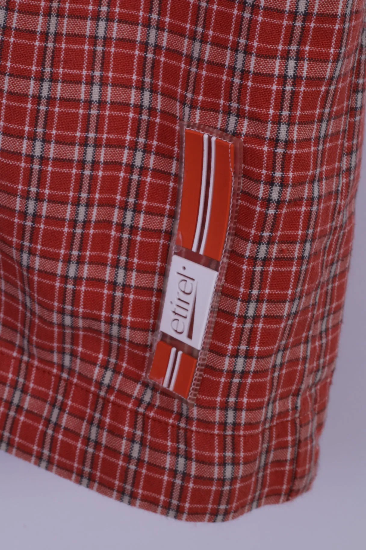 Etirel Mens L Casual Shirt Orange Check Cotton Two Pockets Outdoor Short Sleeve