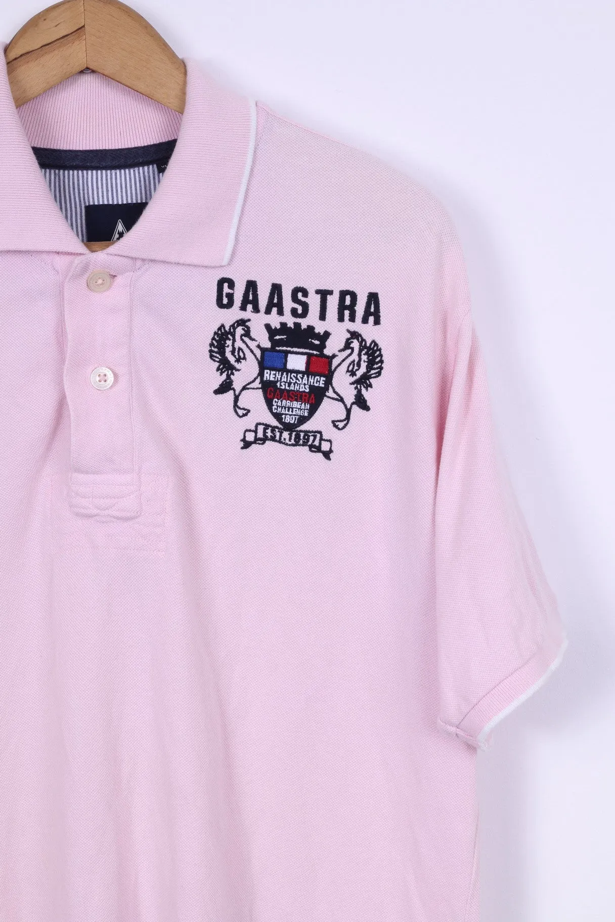 Gaastra Mens XL Polo Shirt Pink Cotton Renaissance Islands Embroidered Detailed Buttons