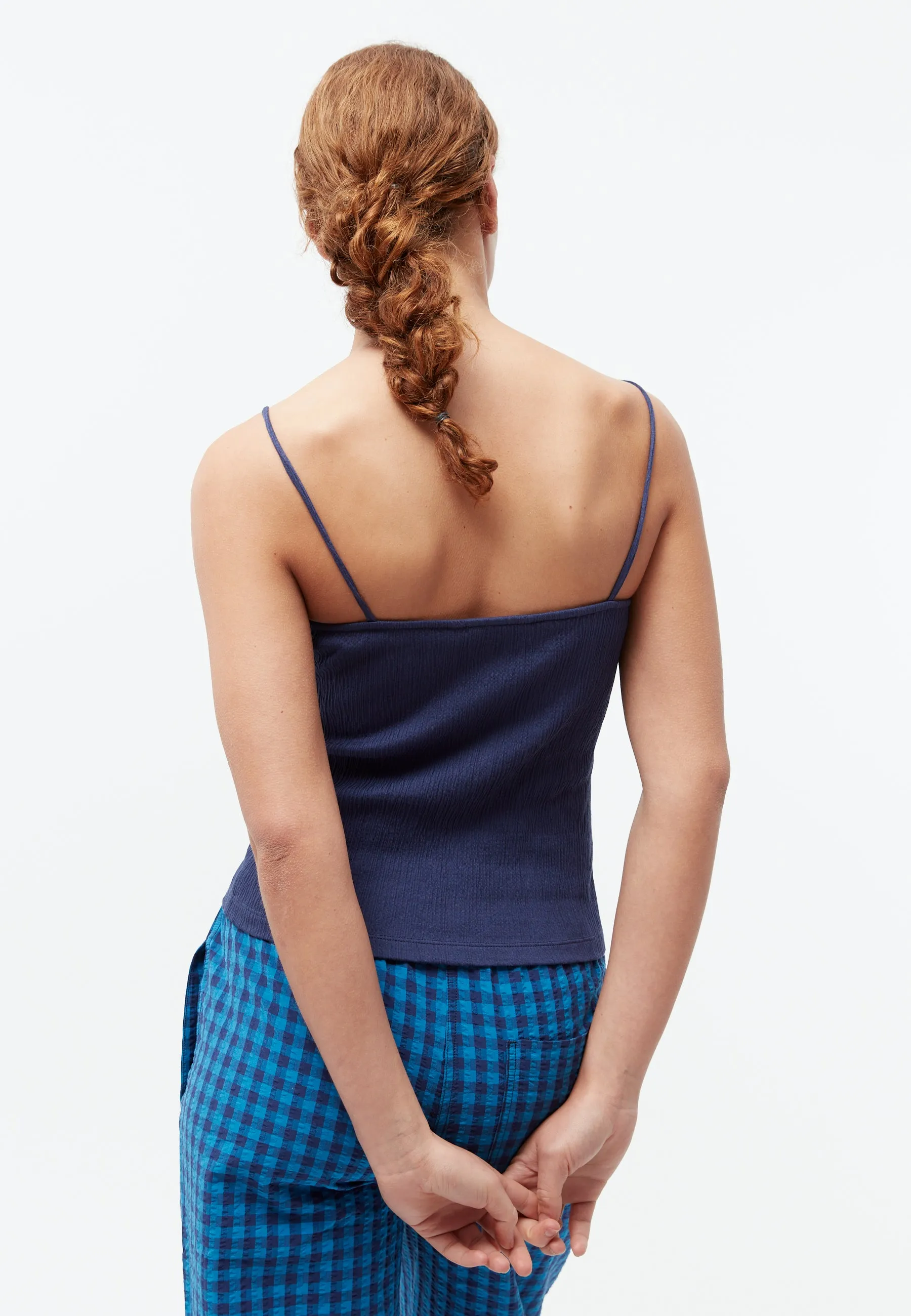 GBJEANETTE top in smocked organic cotton jersey with spaghetti straps - Nightshade Blue (Rib) Givn Berlin