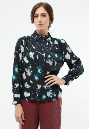 GBKASIA blouse in cupro (Bemberg™) with puff sleeves - Black / Dark Teal (Flowers) Givn Berlin