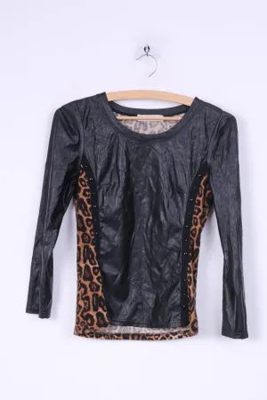 Giorgia Womens S Shirt Black Animal Leopard Print Imitation Leather Party