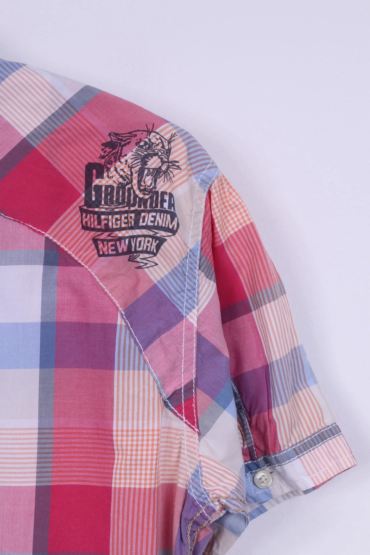Hilfiger Denim Mens S Casual Shirt Pink Short Sleeve Check
