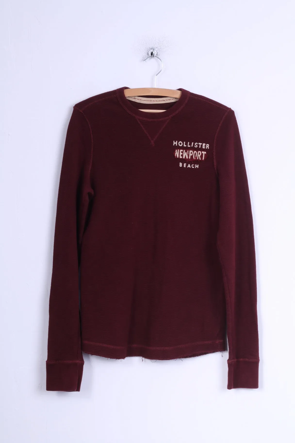 Hollister Mens M Long Sleeved Shirt Cotton Burgundy Crew Neck Stretch