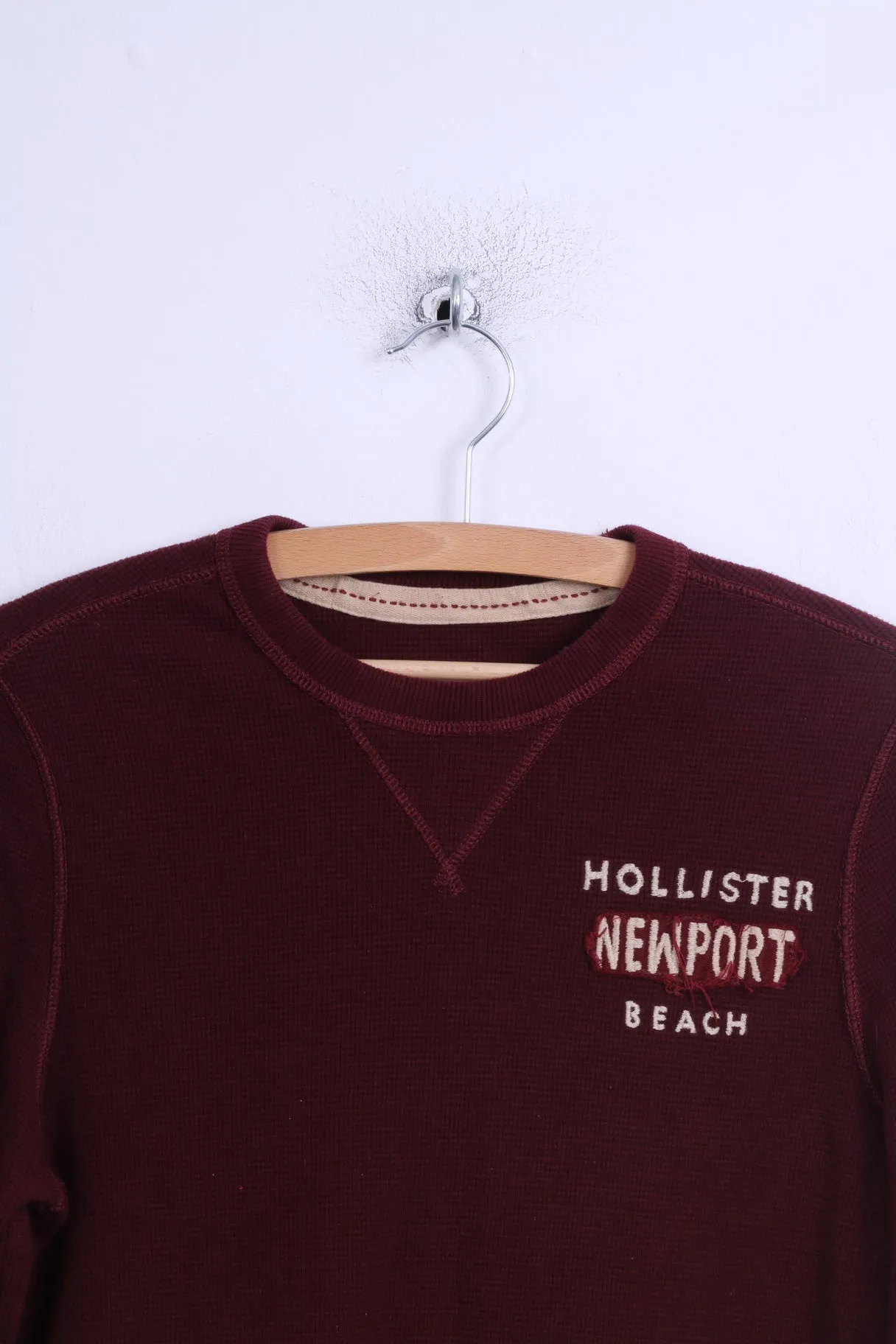 Hollister Mens M Long Sleeved Shirt Cotton Burgundy Crew Neck Stretch
