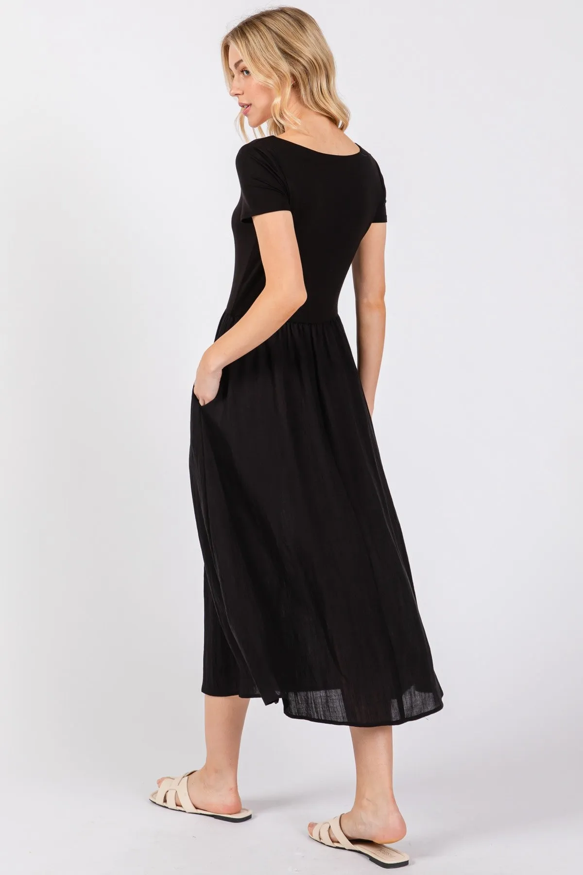 JERSEY SHORT SLEEVE BODICE WITH CONTRAST SKIRT MIDI DRESS