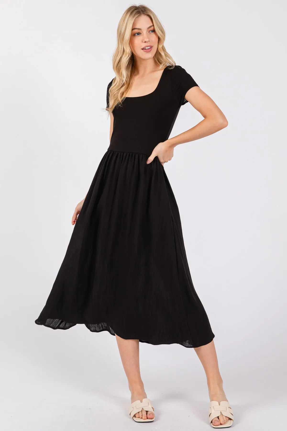 JERSEY SHORT SLEEVE BODICE WITH CONTRAST SKIRT MIDI DRESS