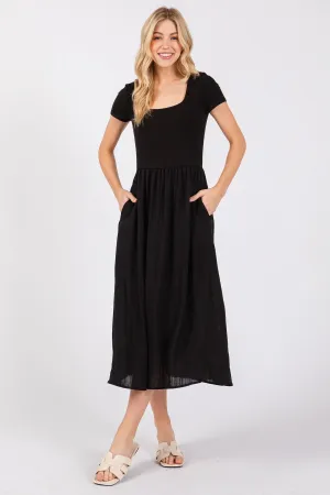 JERSEY SHORT SLEEVE BODICE WITH CONTRAST SKIRT MIDI DRESS