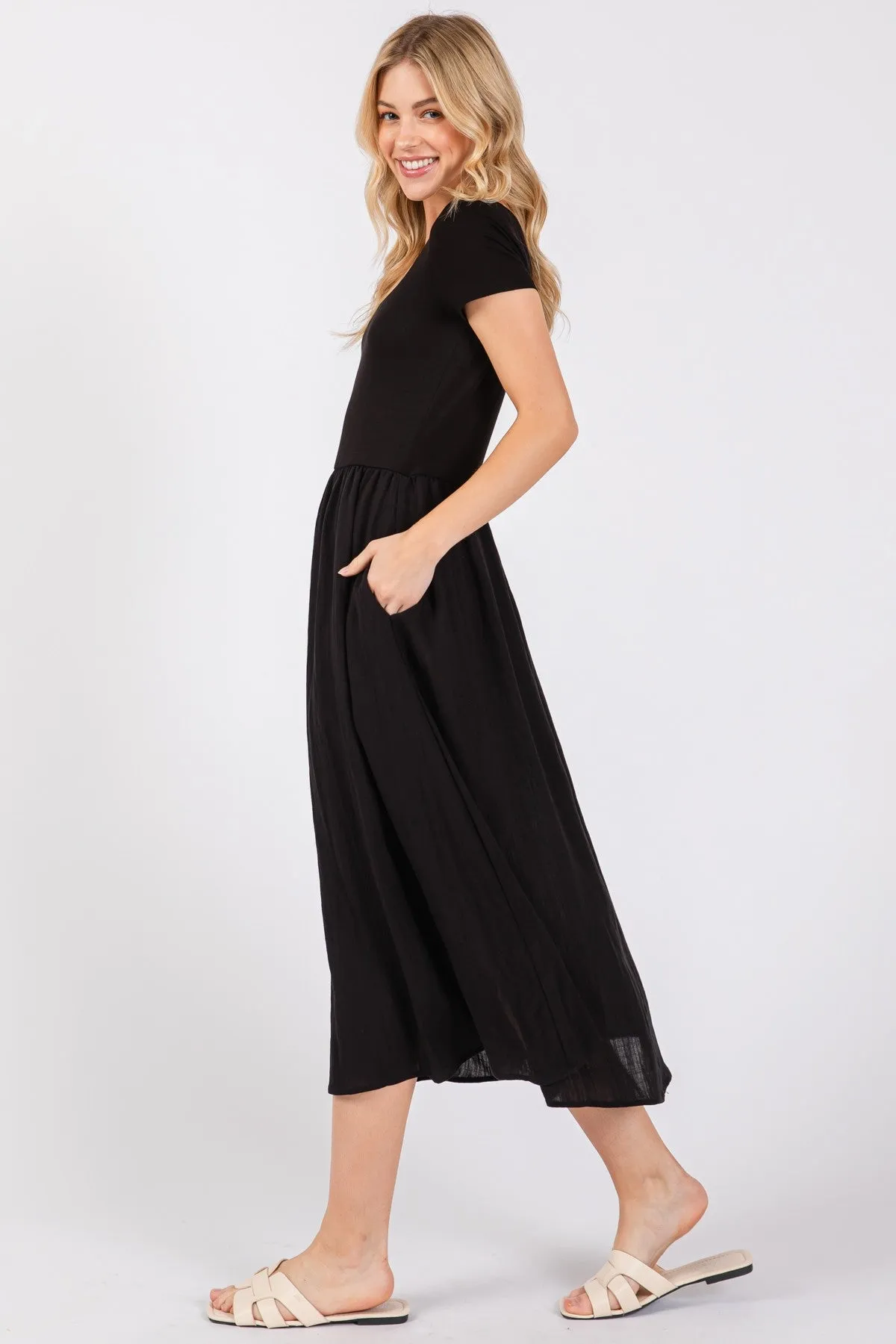 JERSEY SHORT SLEEVE BODICE WITH CONTRAST SKIRT MIDI DRESS