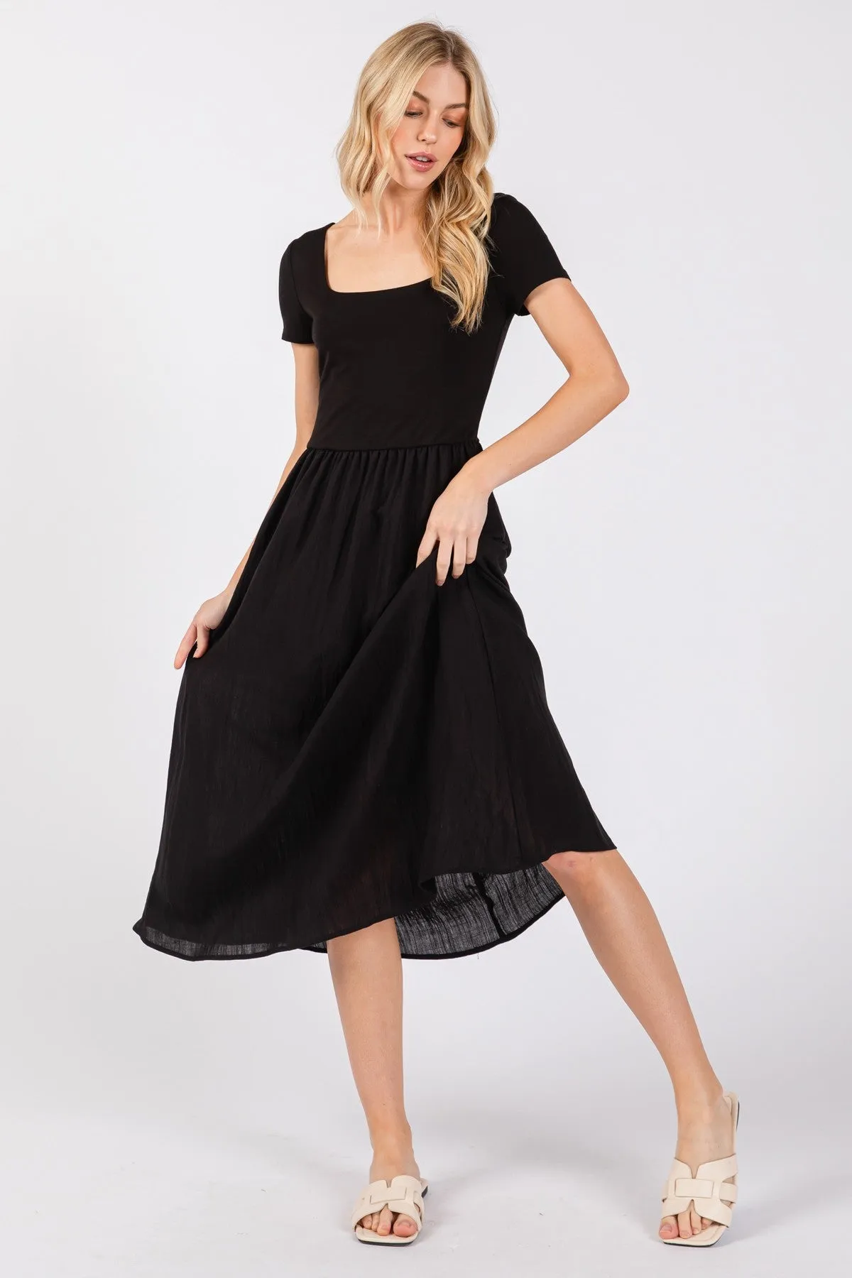 JERSEY SHORT SLEEVE BODICE WITH CONTRAST SKIRT MIDI DRESS