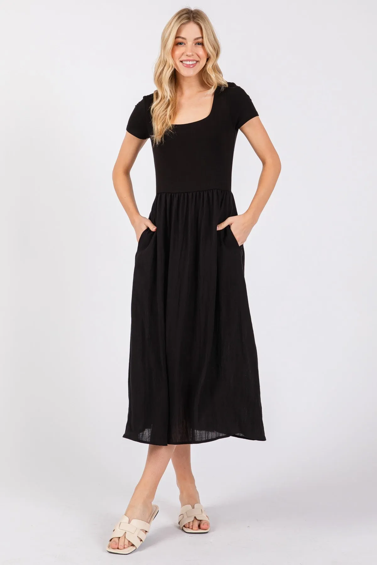 JERSEY SHORT SLEEVE BODICE WITH CONTRAST SKIRT MIDI DRESS