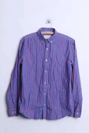 John Lewis Mens M Casual Shirt Striped Blue Cotton Single Breasted Top