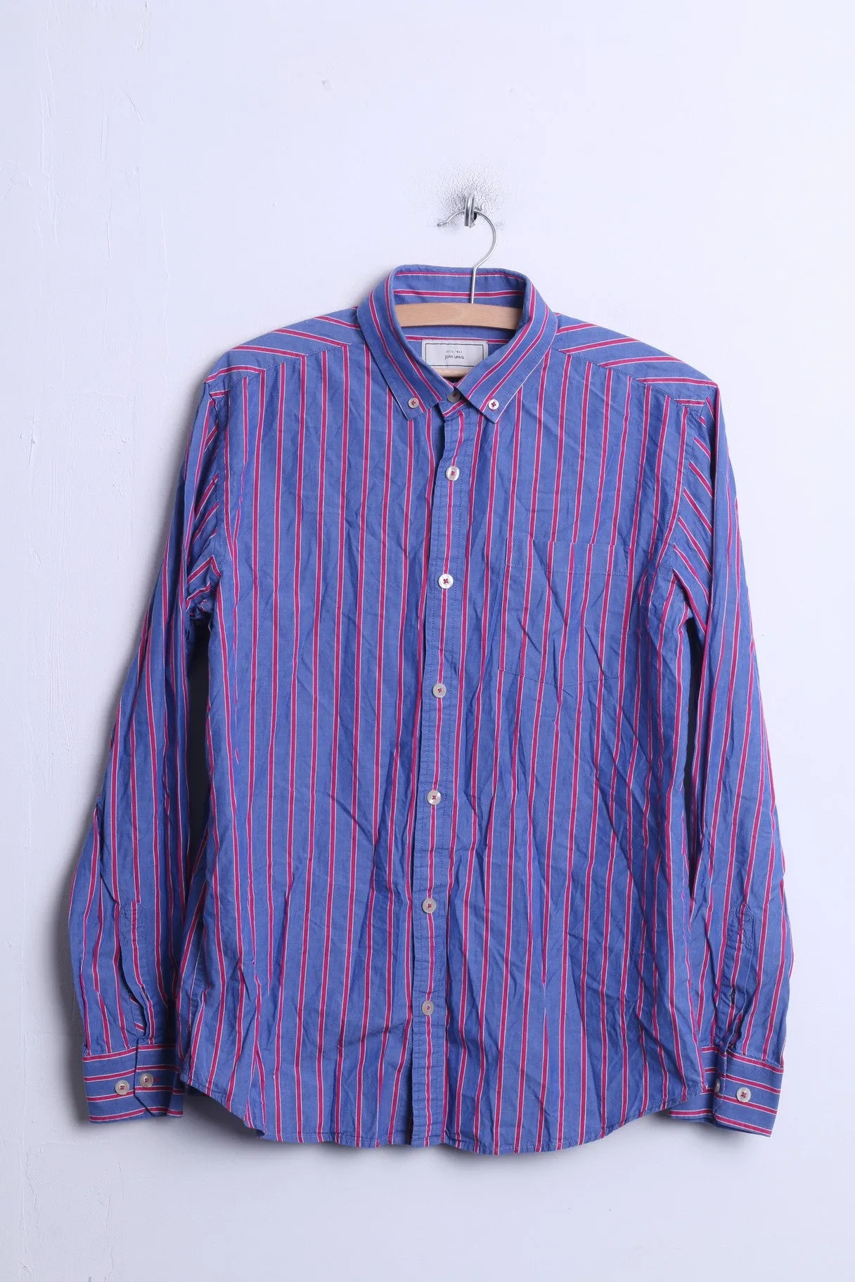 John Lewis Mens M Casual Shirt Striped Blue Cotton Single Breasted Top