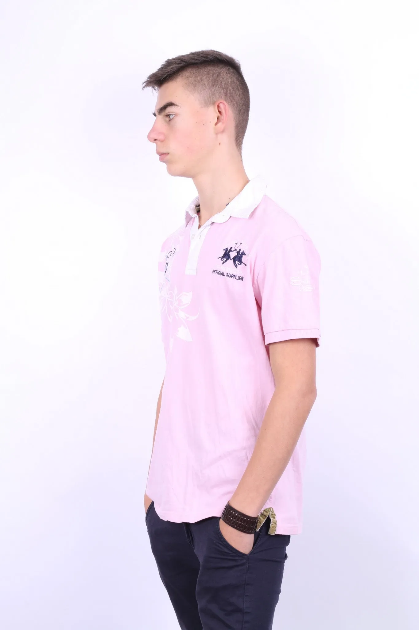 La Martina Saddlery Mens L Polo Shirt Pink Cotton