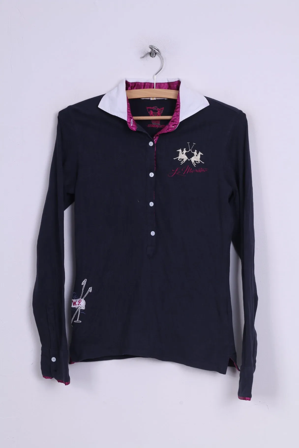 La Martina Womens M Polo Shirt Long Sleeve Cotton Navy Society White Collar