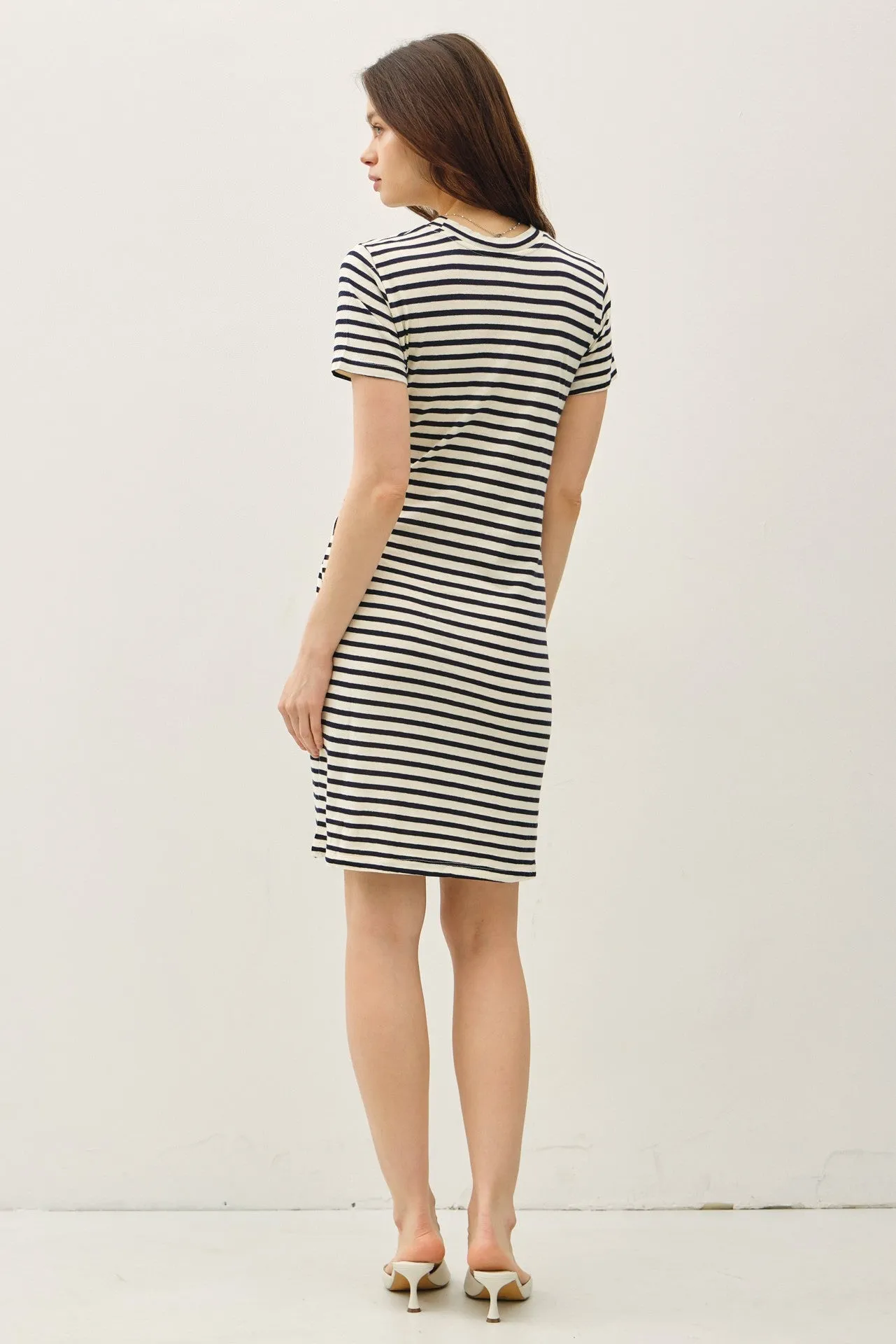 LINEN BLEND STRIPED FAUX WRAP SHORT SLEEVE DRESS