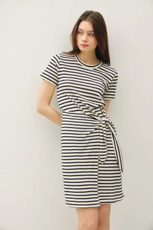 LINEN BLEND STRIPED FAUX WRAP SHORT SLEEVE DRESS