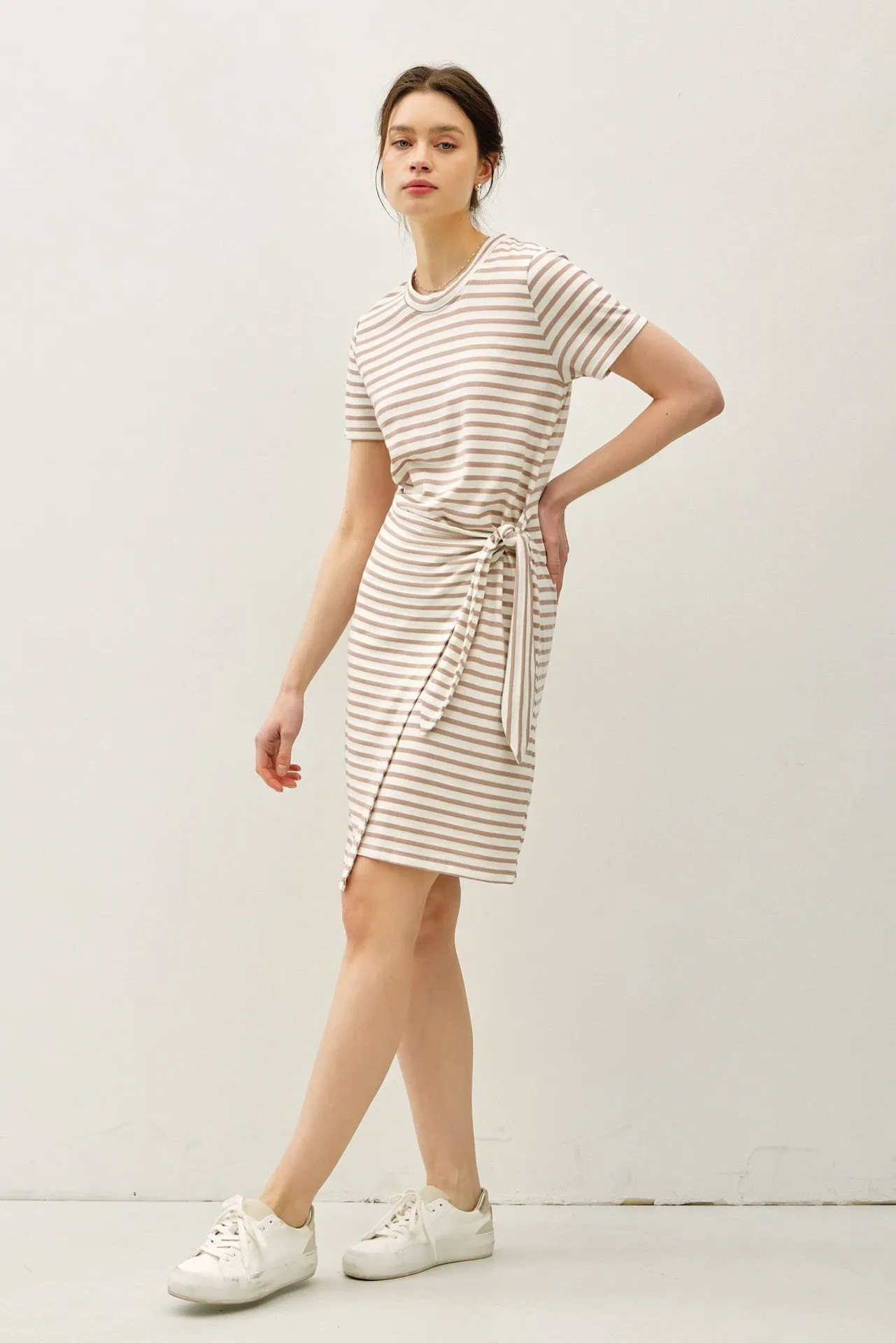 LINEN BLEND STRIPED FAUX WRAP SHORT SLEEVE DRESS