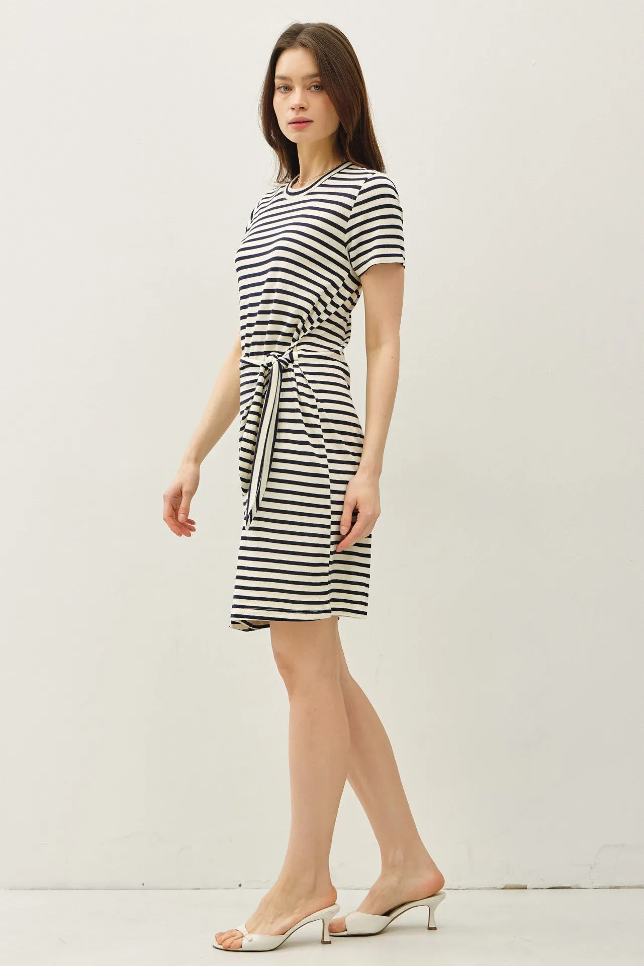 LINEN BLEND STRIPED FAUX WRAP SHORT SLEEVE DRESS