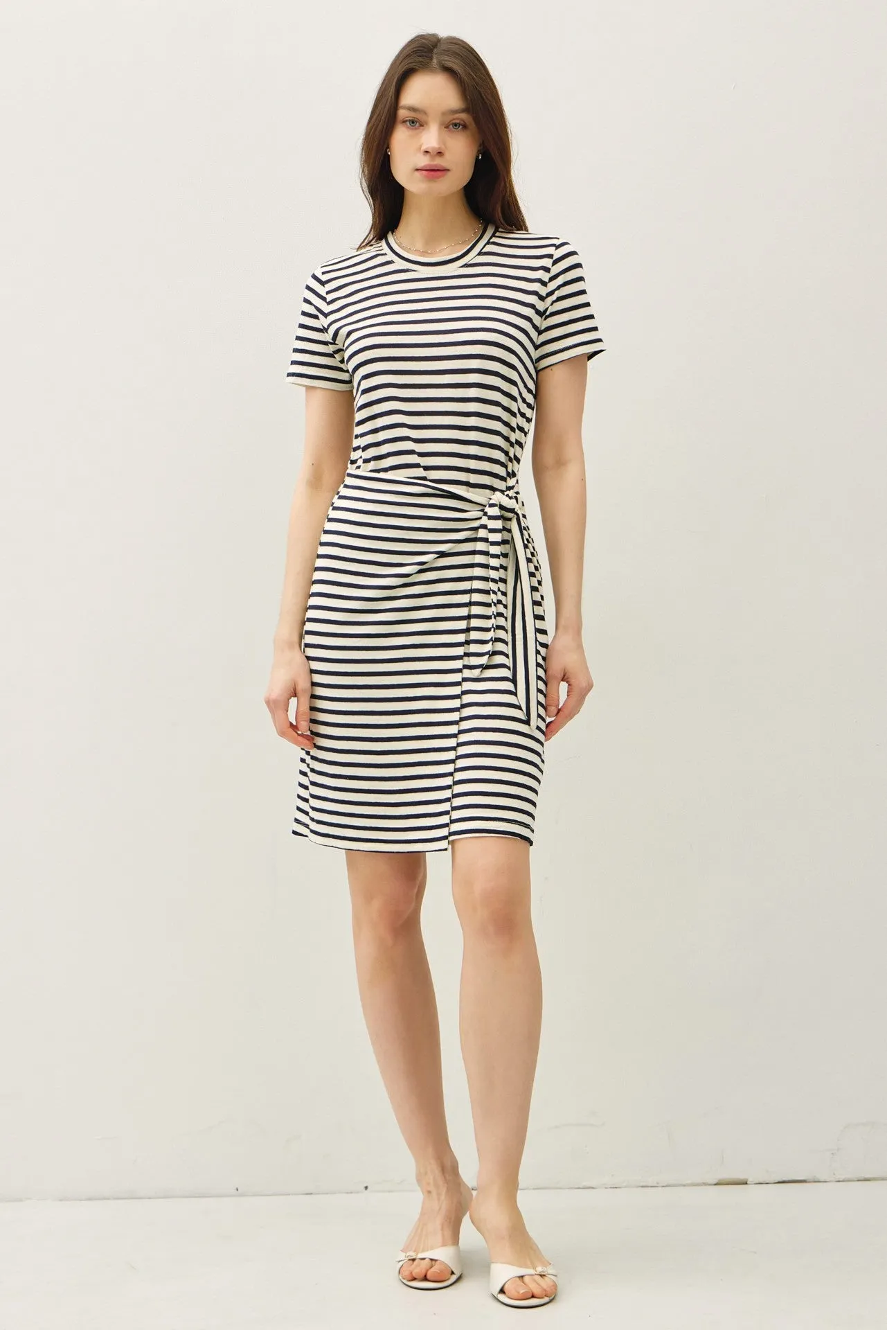 LINEN BLEND STRIPED FAUX WRAP SHORT SLEEVE DRESS