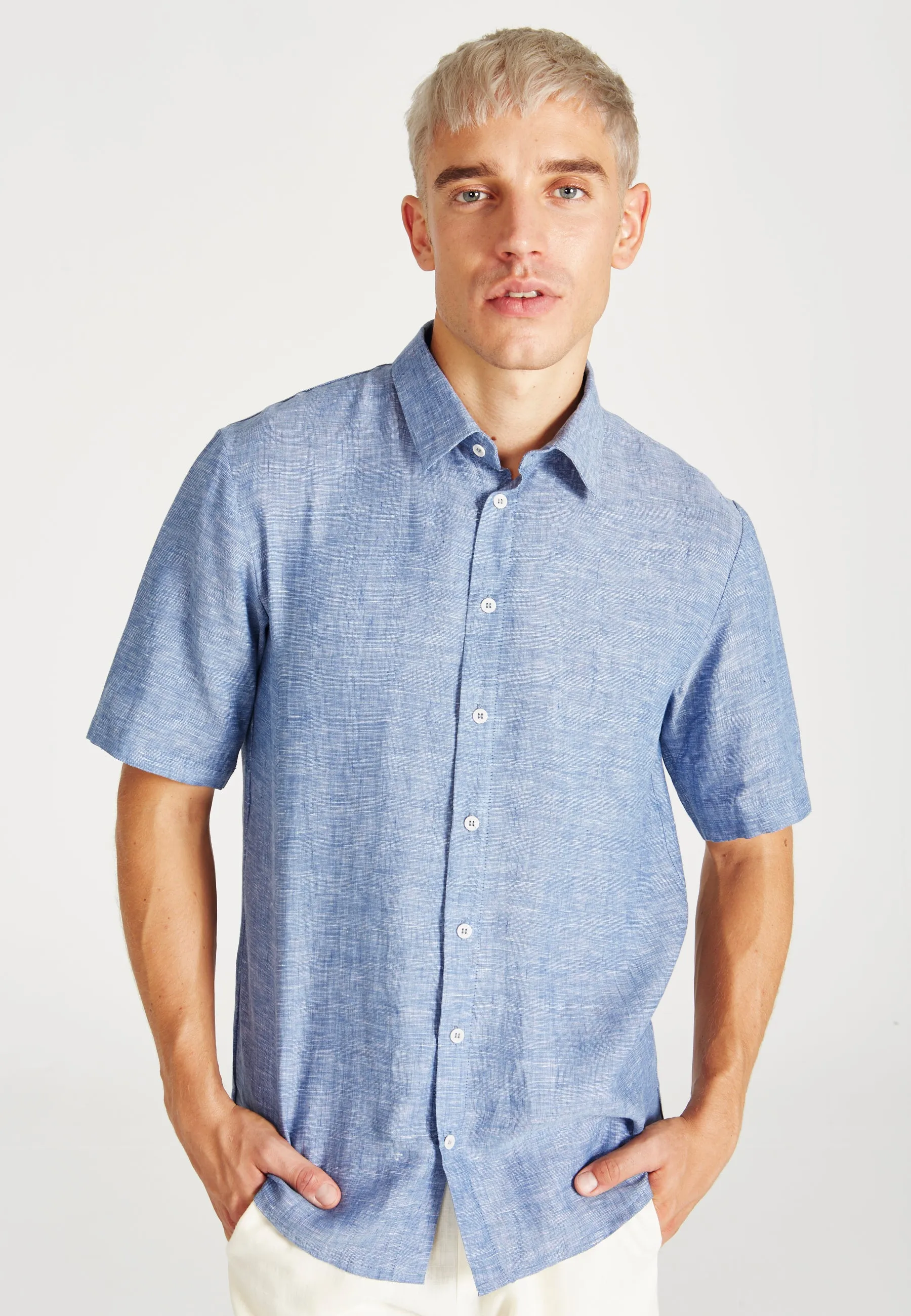 Linen short sleeve shirt DYLAN - Blue (Structure, Linen) Givn Berlin