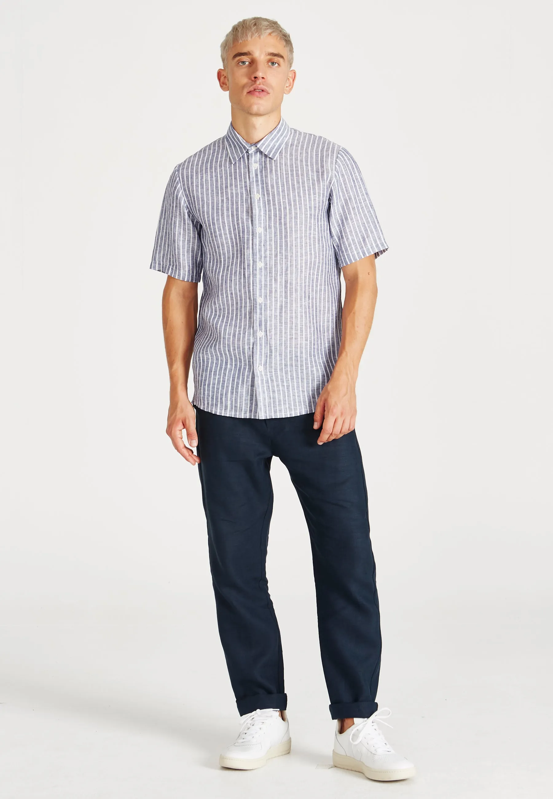 Linen short sleeve shirt DYLAN - Blue / White  (Stripes, Linen) Givn Berlin
