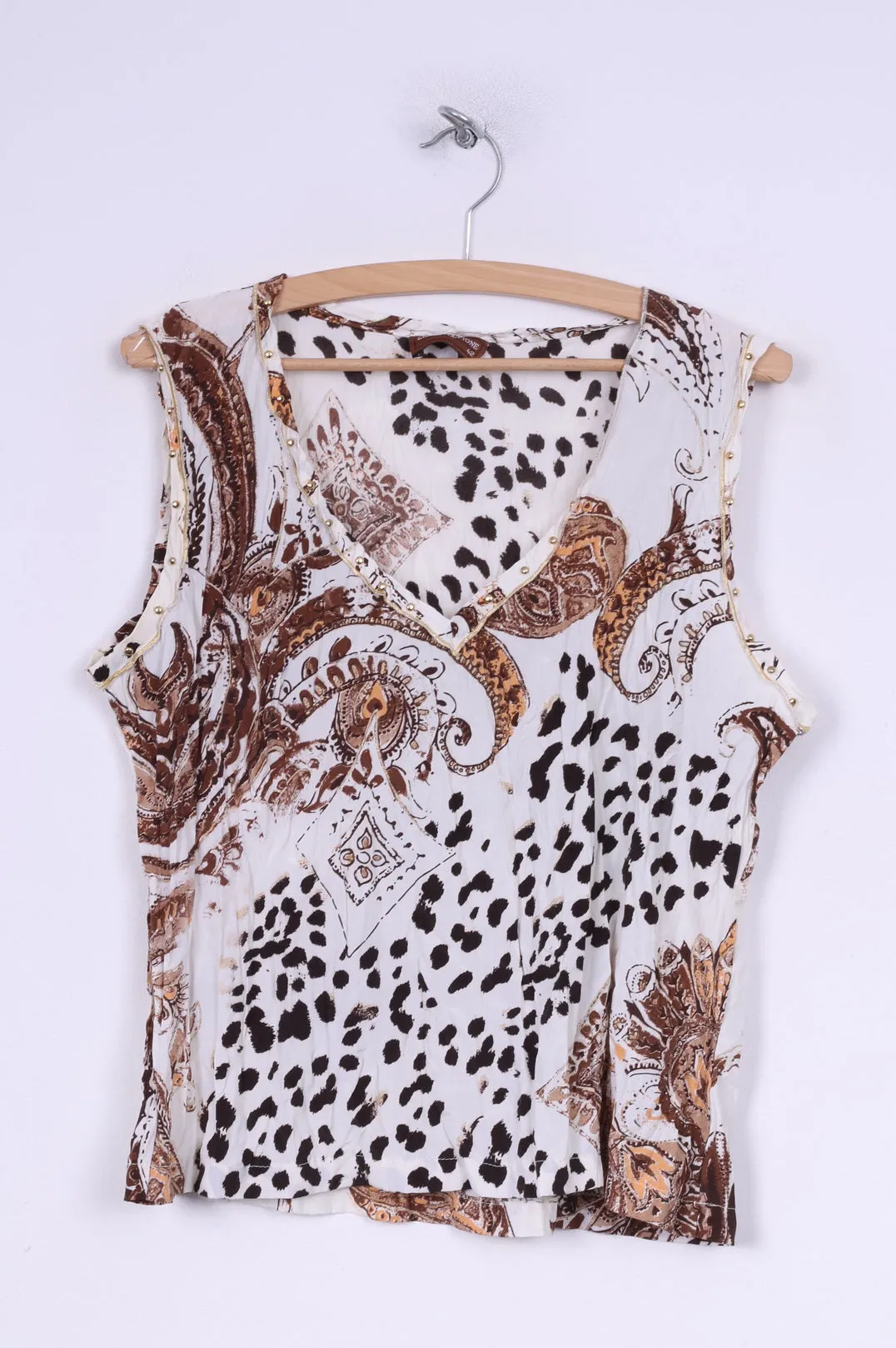 Lisa Campione Womens 42 L Shirt Sleeveless Multiprinted Cream V Neck Summer Top