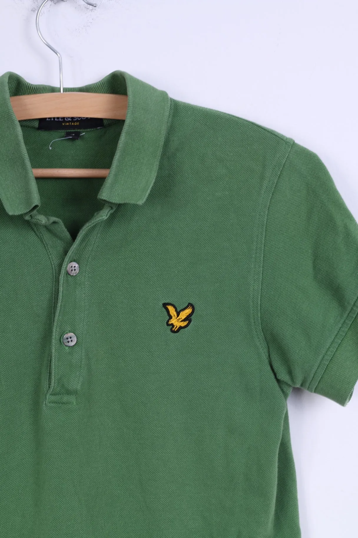 Lyle & Scott Vintage Mens S (XS) Polo Shirt Green Cotton Detailed Buttons