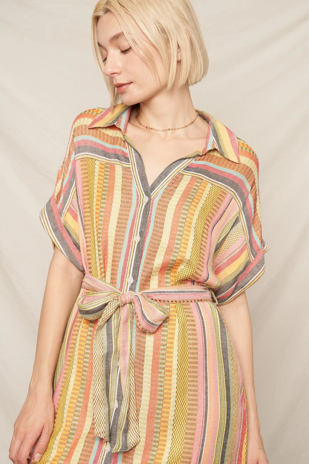 MIXED STRIPE SHORT SLEEVE SHIRT DRESS