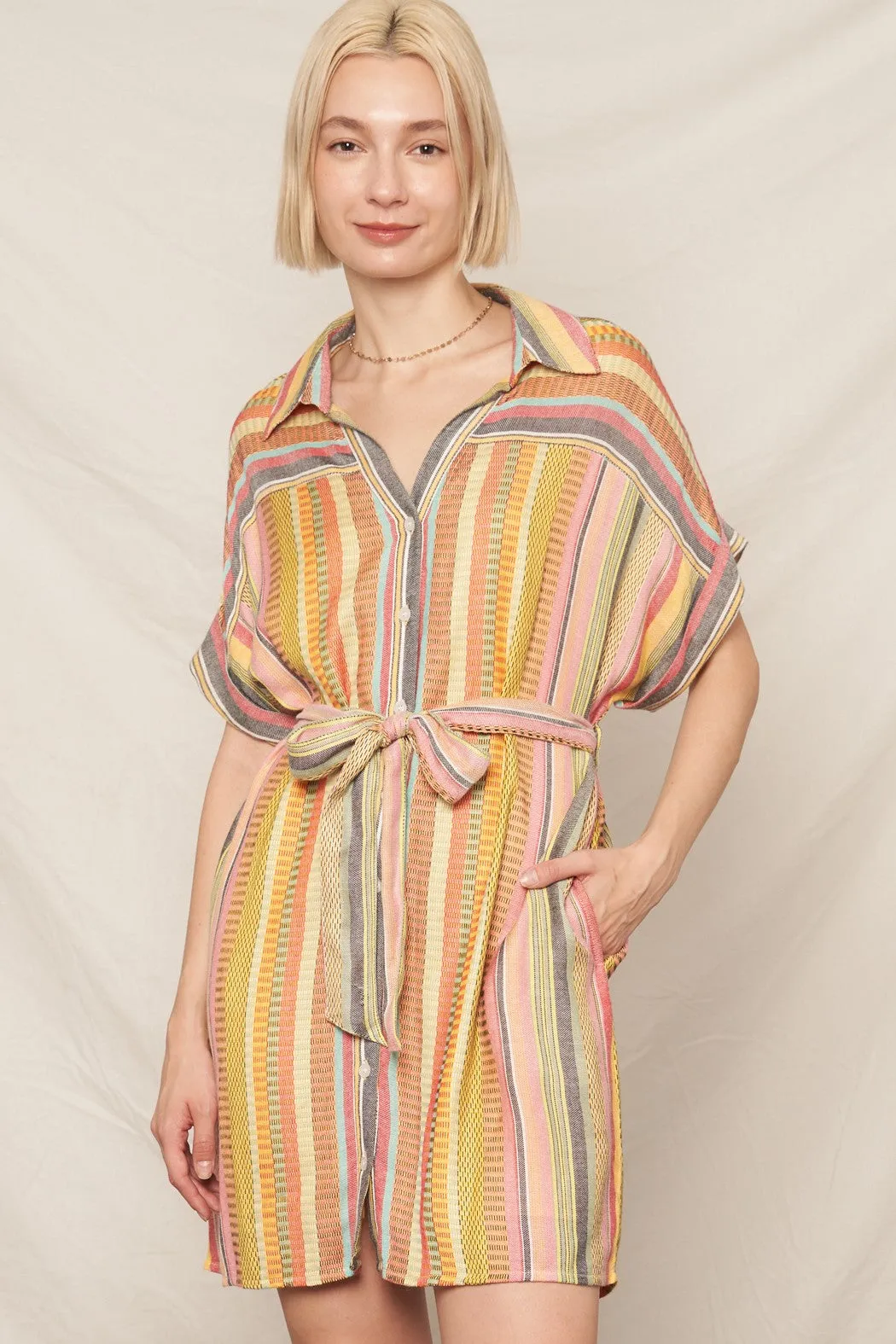 MIXED STRIPE SHORT SLEEVE SHIRT DRESS