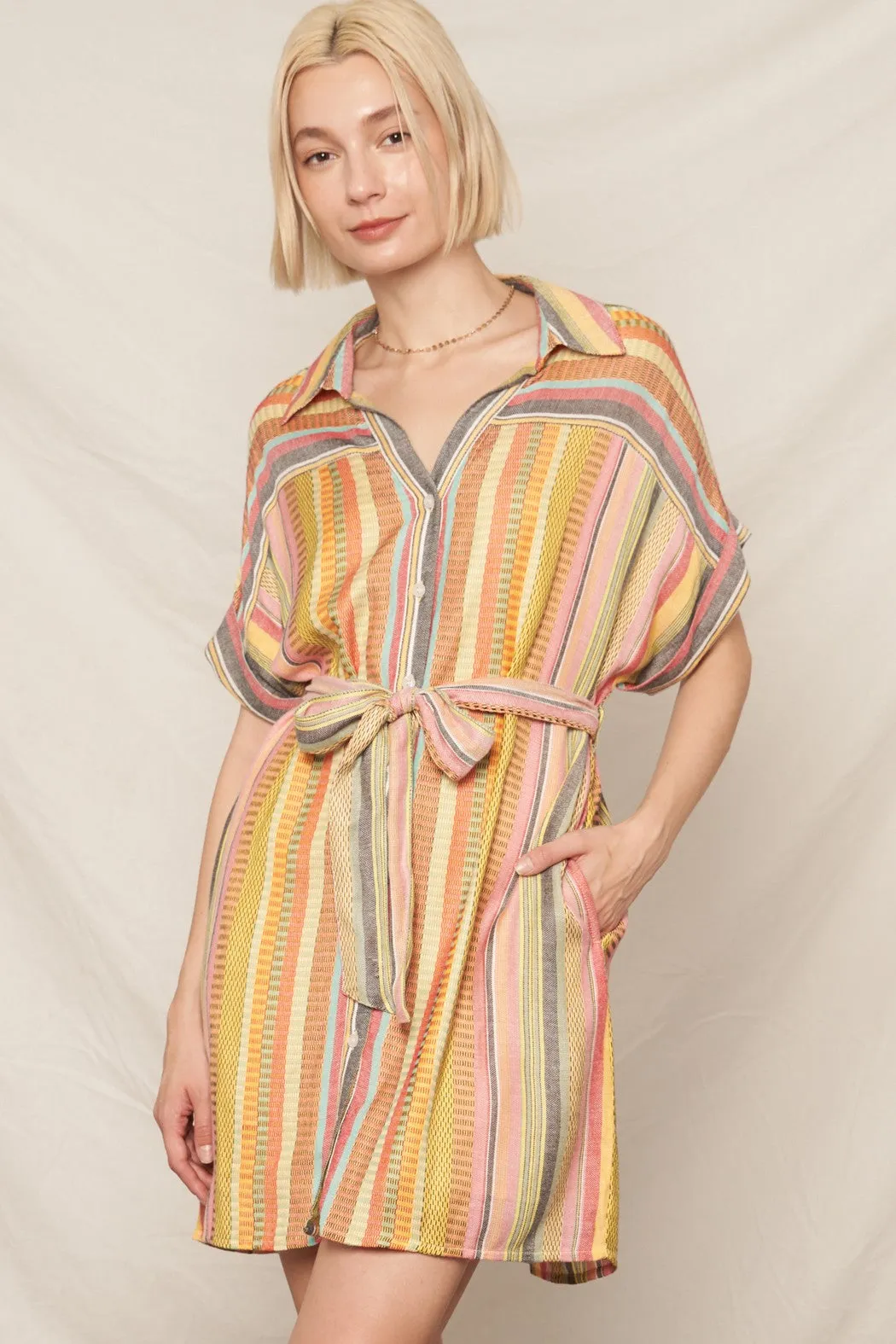 MIXED STRIPE SHORT SLEEVE SHIRT DRESS