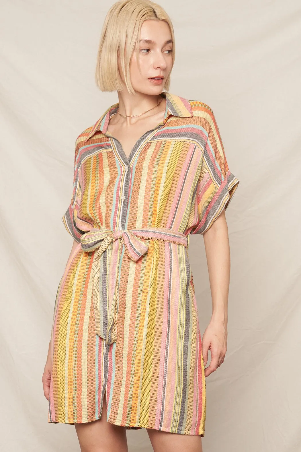 MIXED STRIPE SHORT SLEEVE SHIRT DRESS