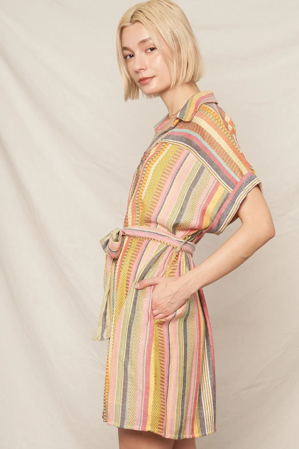MIXED STRIPE SHORT SLEEVE SHIRT DRESS