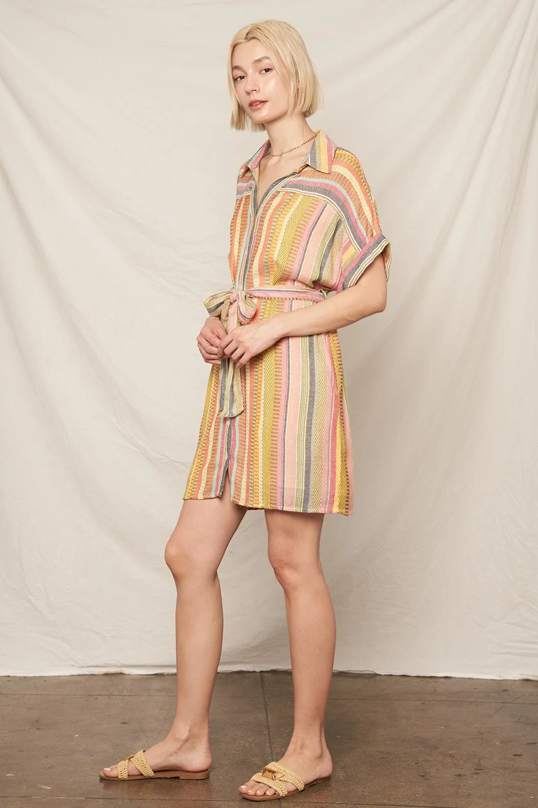 MIXED STRIPE SHORT SLEEVE SHIRT DRESS
